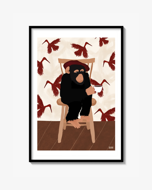 Monkey Drinks Coffee Poster