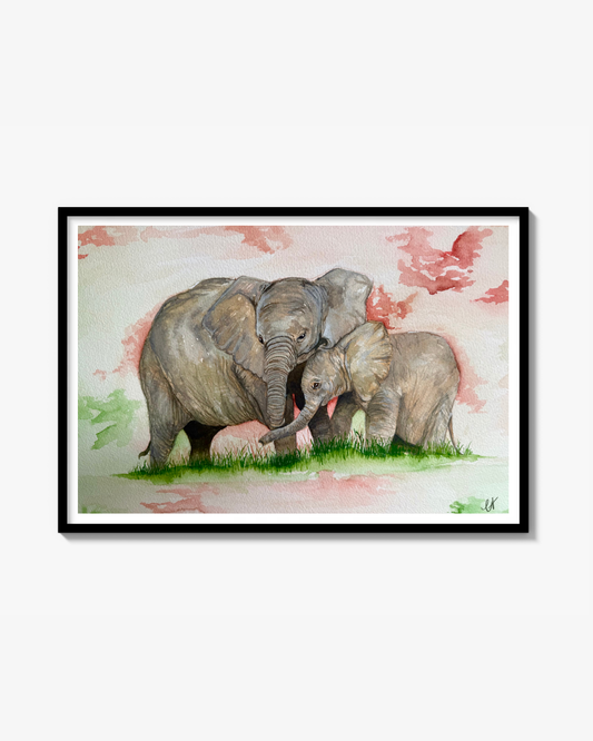 Elefant och bebis Print