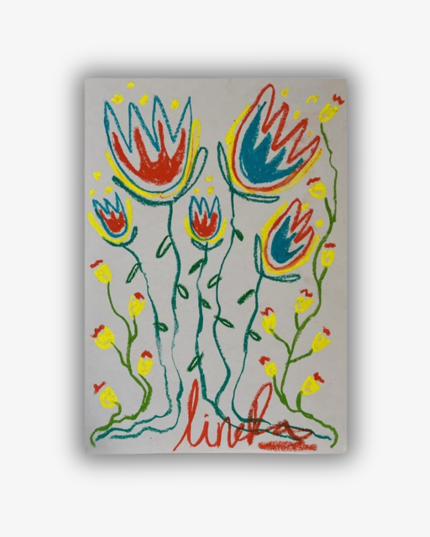 Whimsical Florals, Blå, Orange, Gul, A3, Original Målning