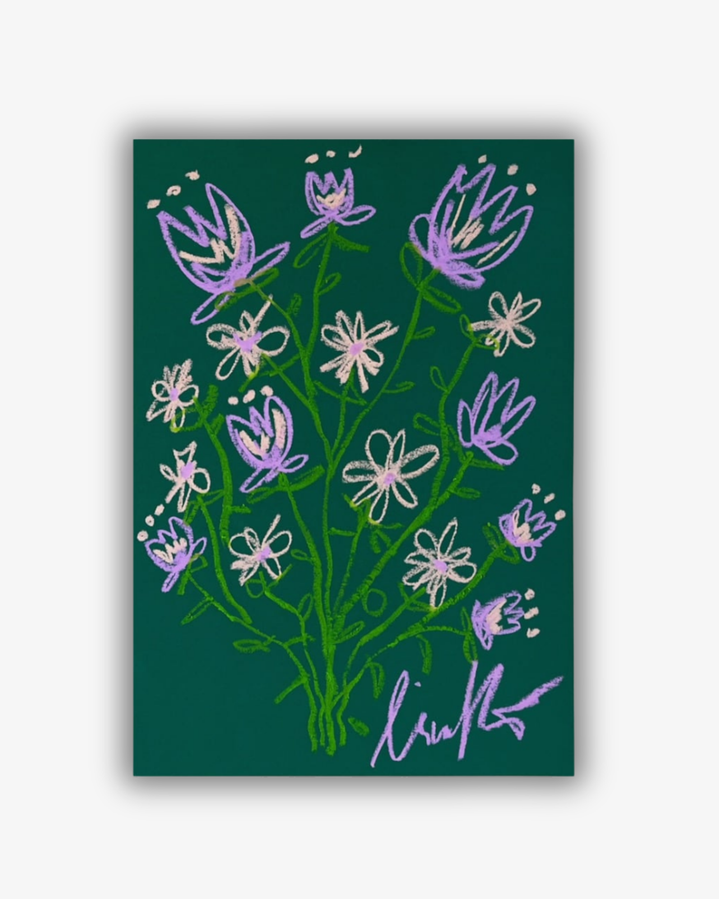 Whimsical Florals, Grön, Lila och Rosa, A3, Original Målning