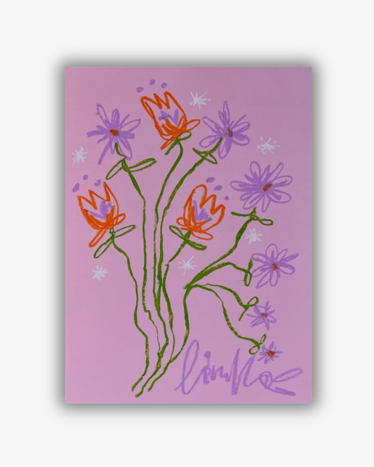 Whimsical Florals, Rosa, Grön och Orange, A3, Originalmålning