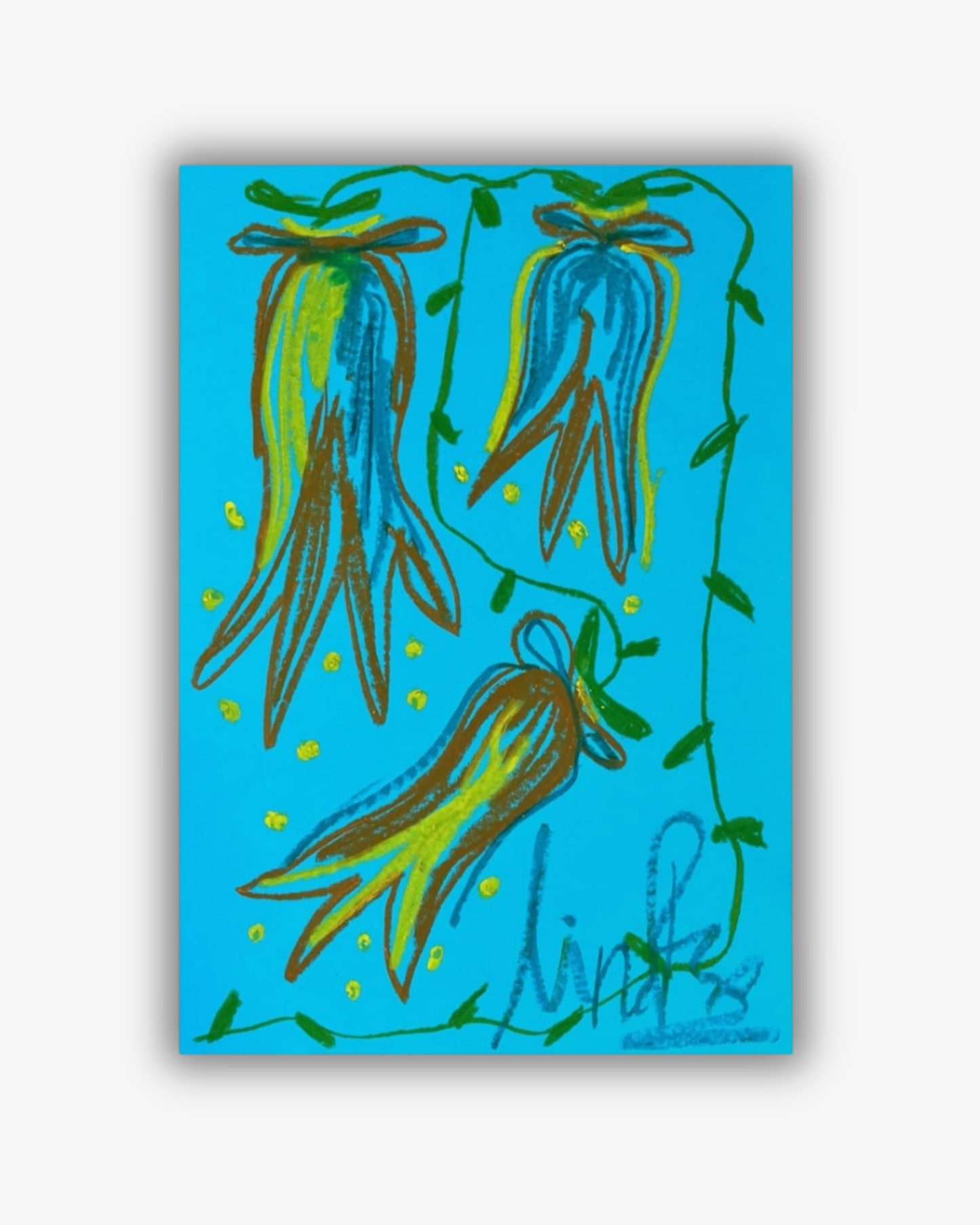 Whimsical Florals, Aqua, Gul och Blå, A3, Original Målning