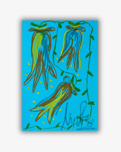 Whimsical Florals, Aqua, Gul och Blå, A3, Original Målning