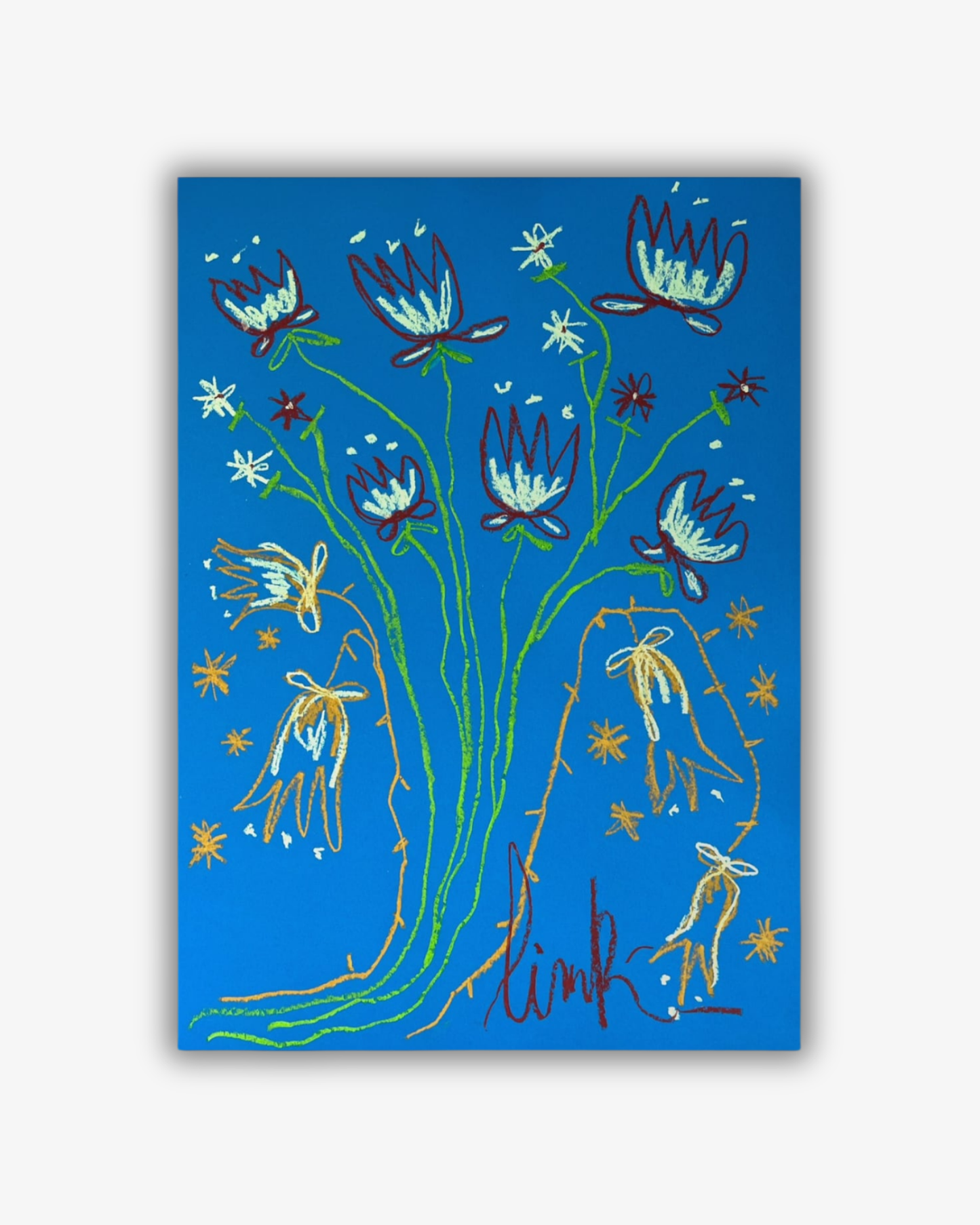 Whimsical Florals, Blå, Brun och Grön, 50x70 cm, Original Målning