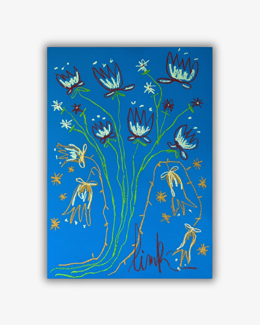 Whimsical Florals, Blå, Brun och Grön, 50x70 cm, Original Målning