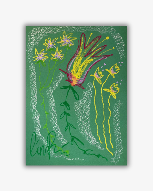 Whimsical Florals, Brun, Gul och Blå, 50x70 cm, Originalmålning