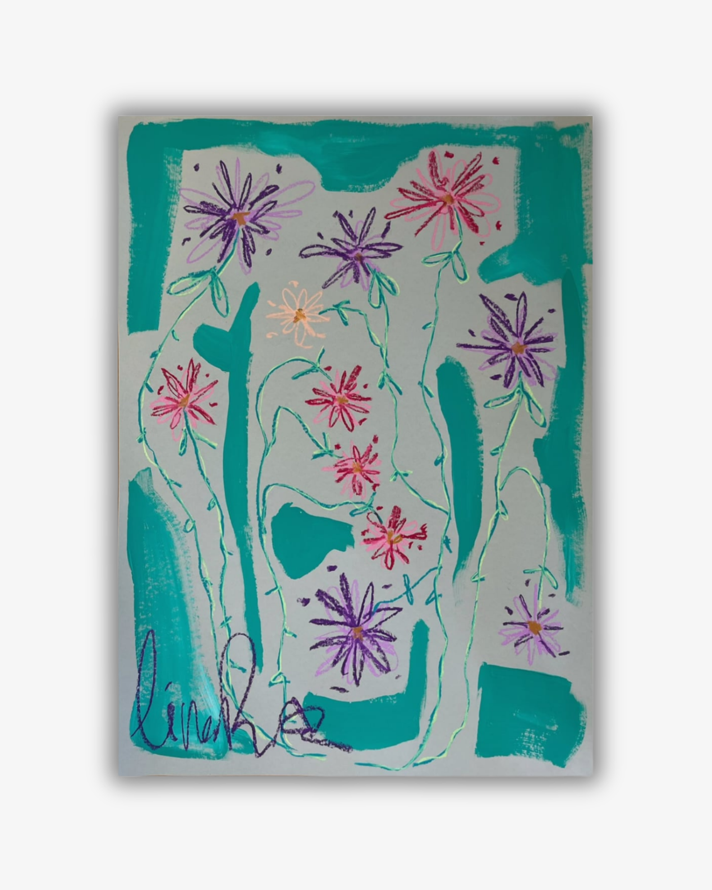 Whimsical Florals Grön, Lila och Rosa, 50x70cm, Original Målning