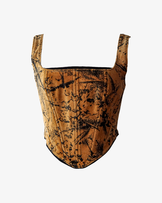 Sammetskorsett-topp med abstrakt brunt och svart mönster, upcycled