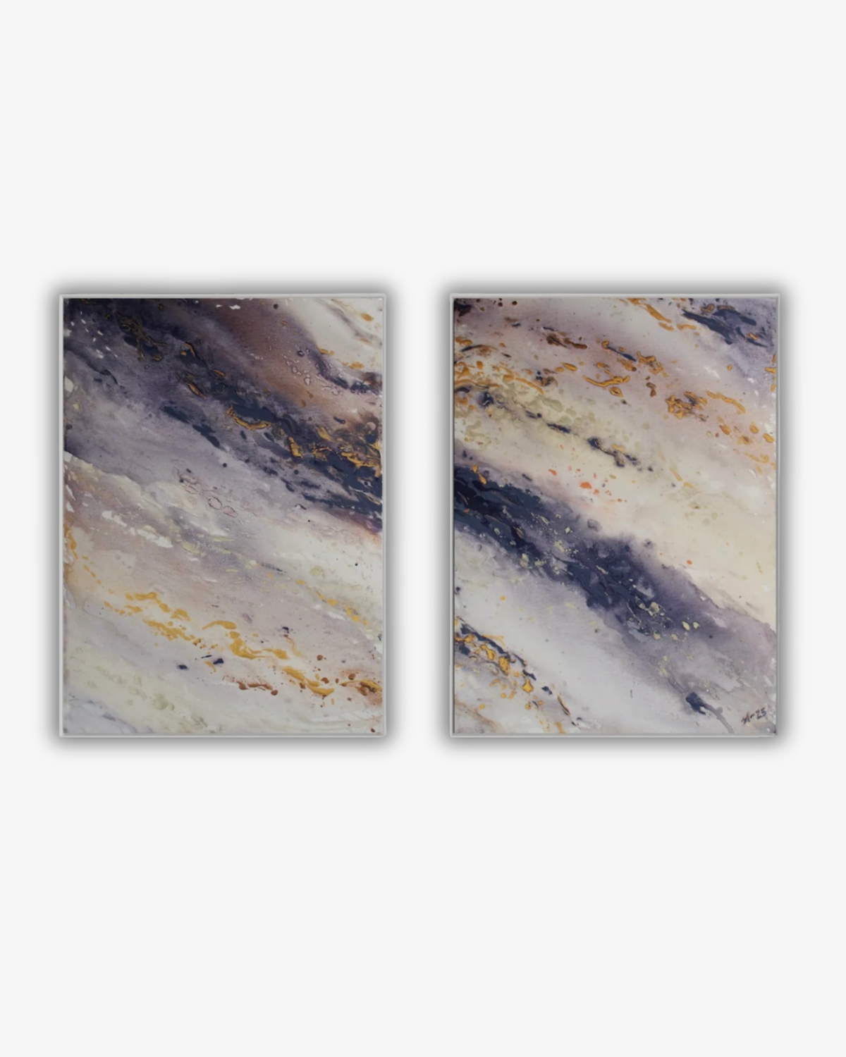 Original Målning Abstrakt Marmor Våg Blå Guld - Marble Wav