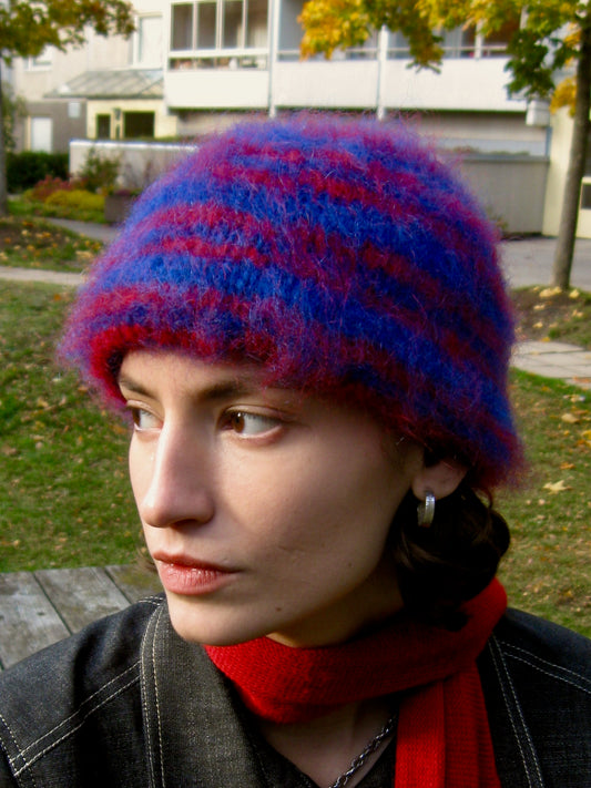 Blue beanie with red stripes