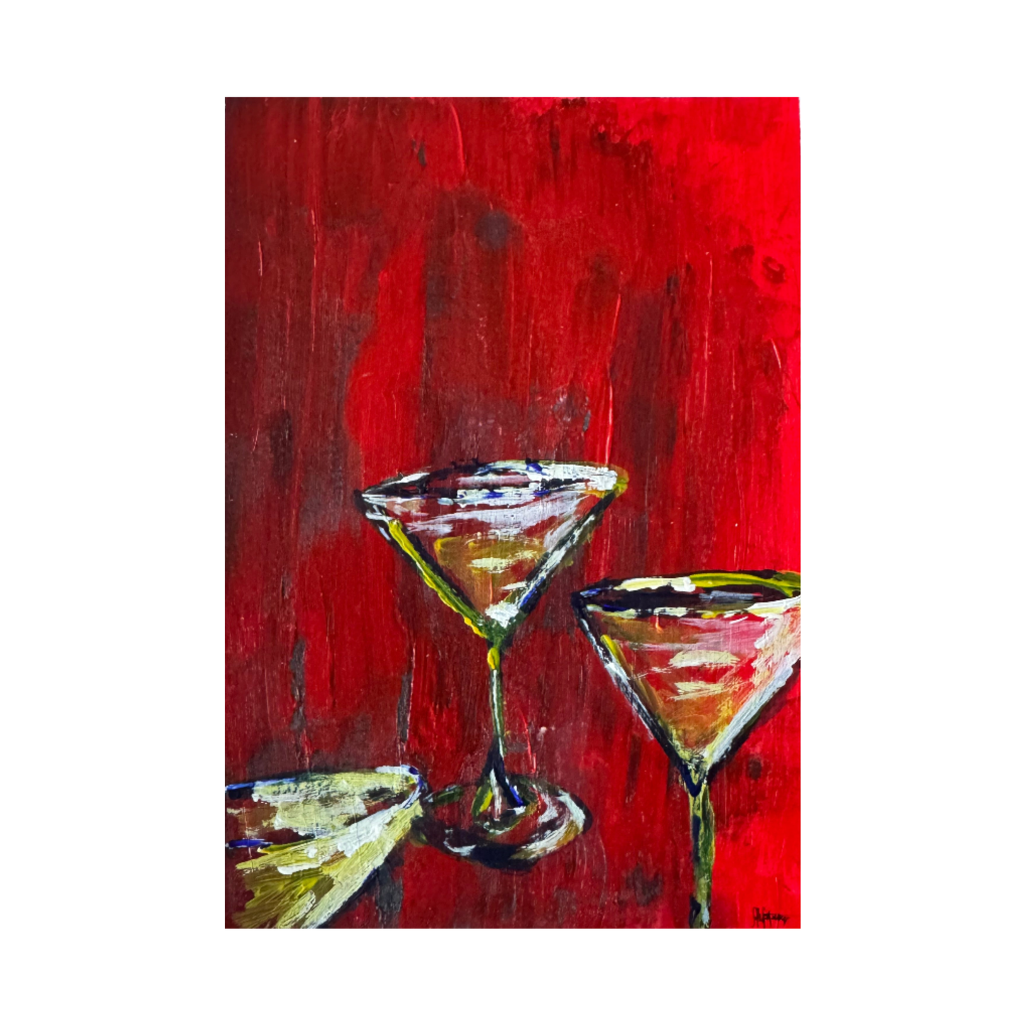 "Three Martinis, Red Glow" - Original Painting