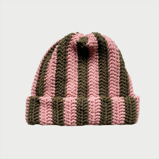 Ullbeanie randig KHAKI ROSA