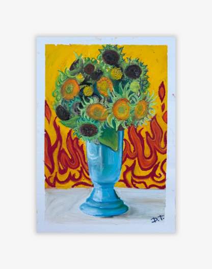 “Sunflowers” Oljepastell Original Målning